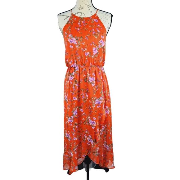 Lush Floral Chiffon Ruffle Tulip Hi Low Hem Maxi Dress Red Lavender Floral Small - Picture 1 of 6